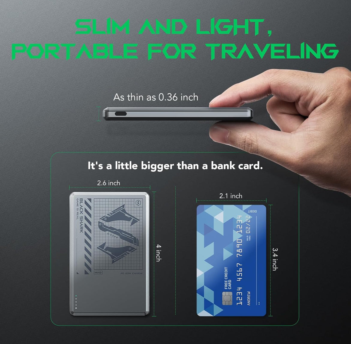Black Shark Magnetic Power Bank, 5000mAh Wireless Portable Charger w/ USB-C Cable -Gray