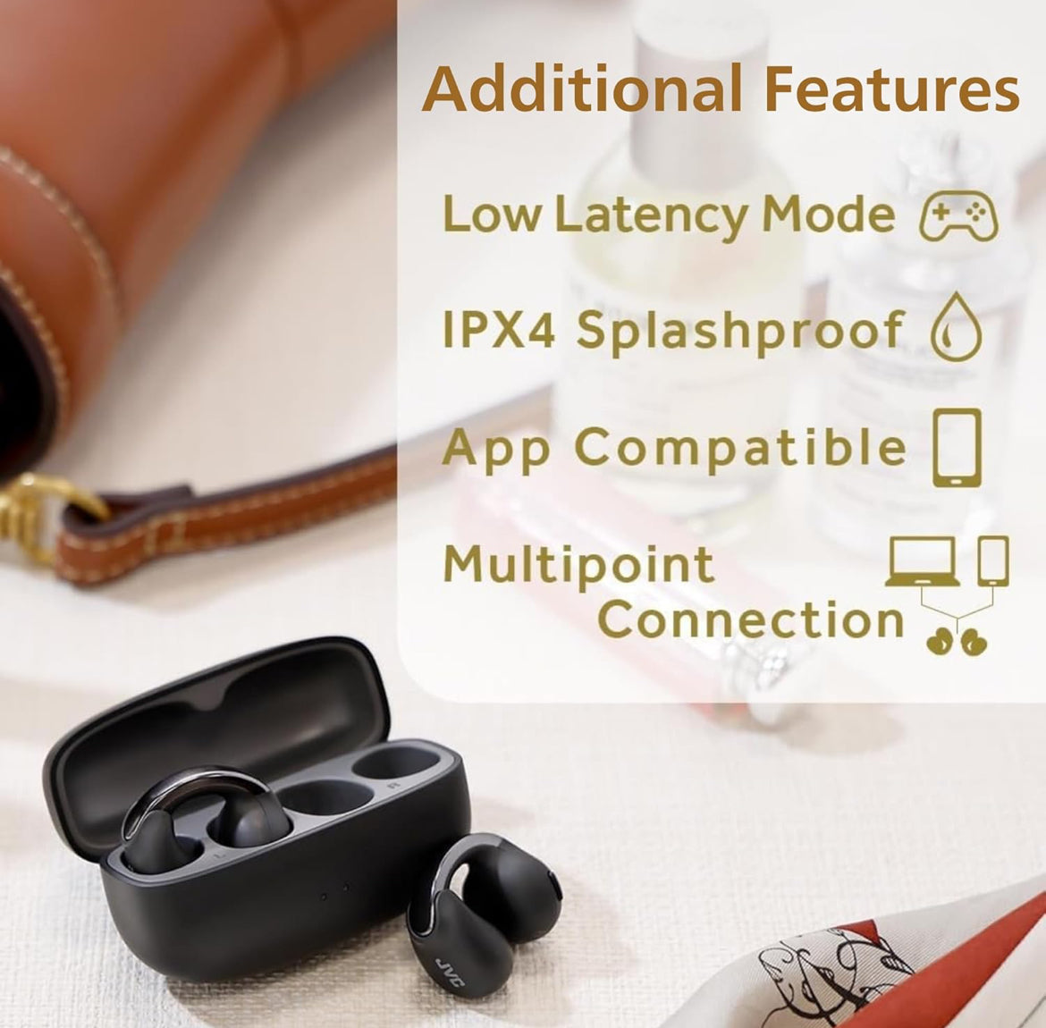 JVC Nearphones Oopoor Ware Draadlose Oorfone - Oopoor-oorknoppies - Bluetooth 5.3-24H Speeltyd - IPX4 Waterbestand - Ingeboude Mik - Bewustheid & Gemak - Oorknip-oorknoppies - HANP1T