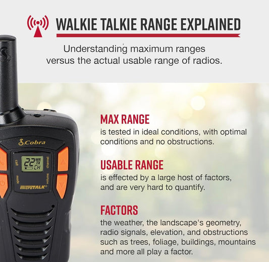 Cobra ACXT145 Kompakte Walkie Talkies - Herlaaibaar, Liggewig, 22 Kanale, Langafstand 16-Myl Tweerigting Radiostel (2-Pak), swart