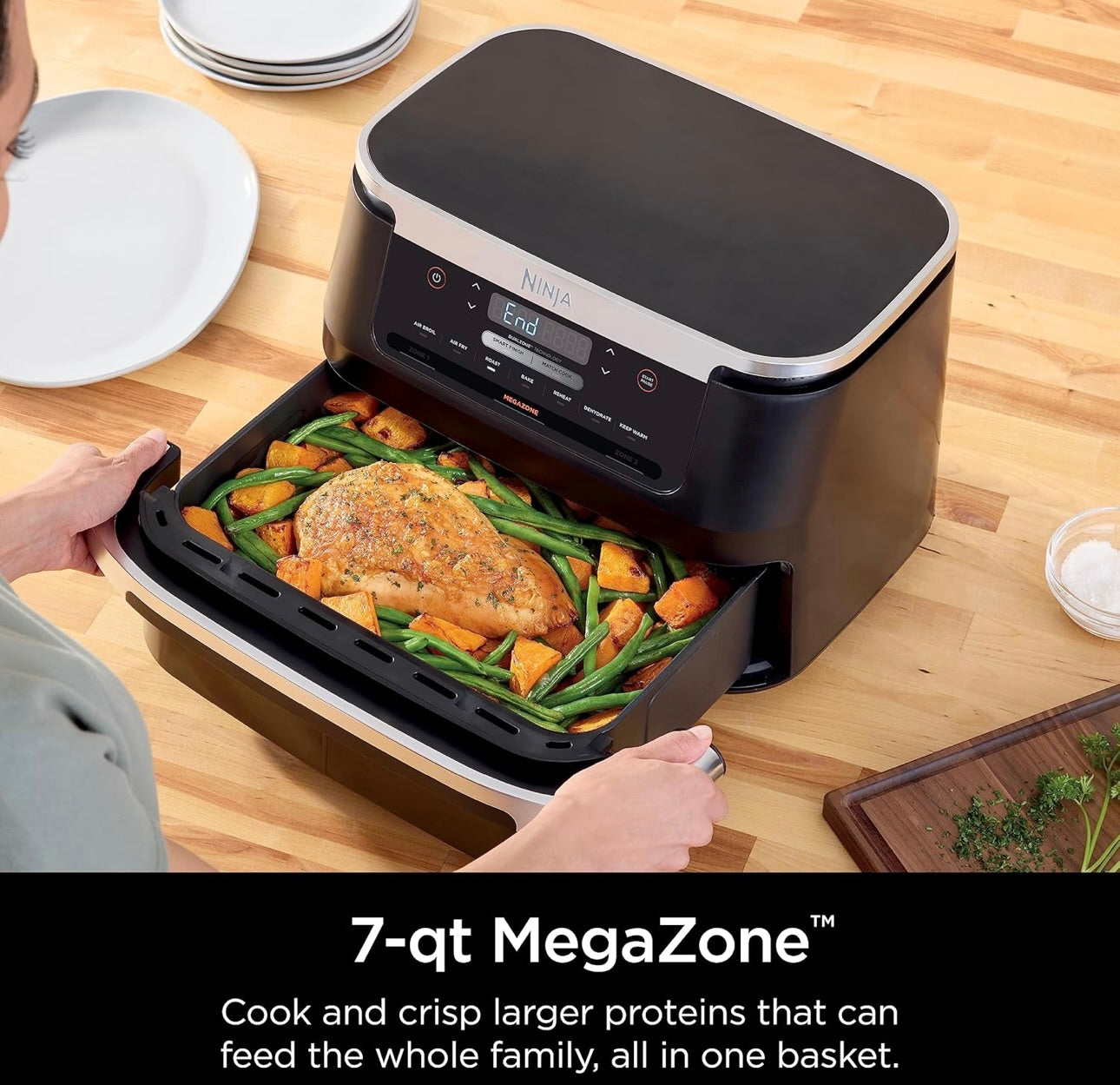 Ninja DZ071 Foodi 6-in-1 FlexBasket Air Fryer with 7-QT MegaZone & Basket Divider for Large Proteins & Full Meals, Smart Finish Cook 2 Foods 2 Ways, Family Sized Capacity, Air Fry, Roast & More - Black