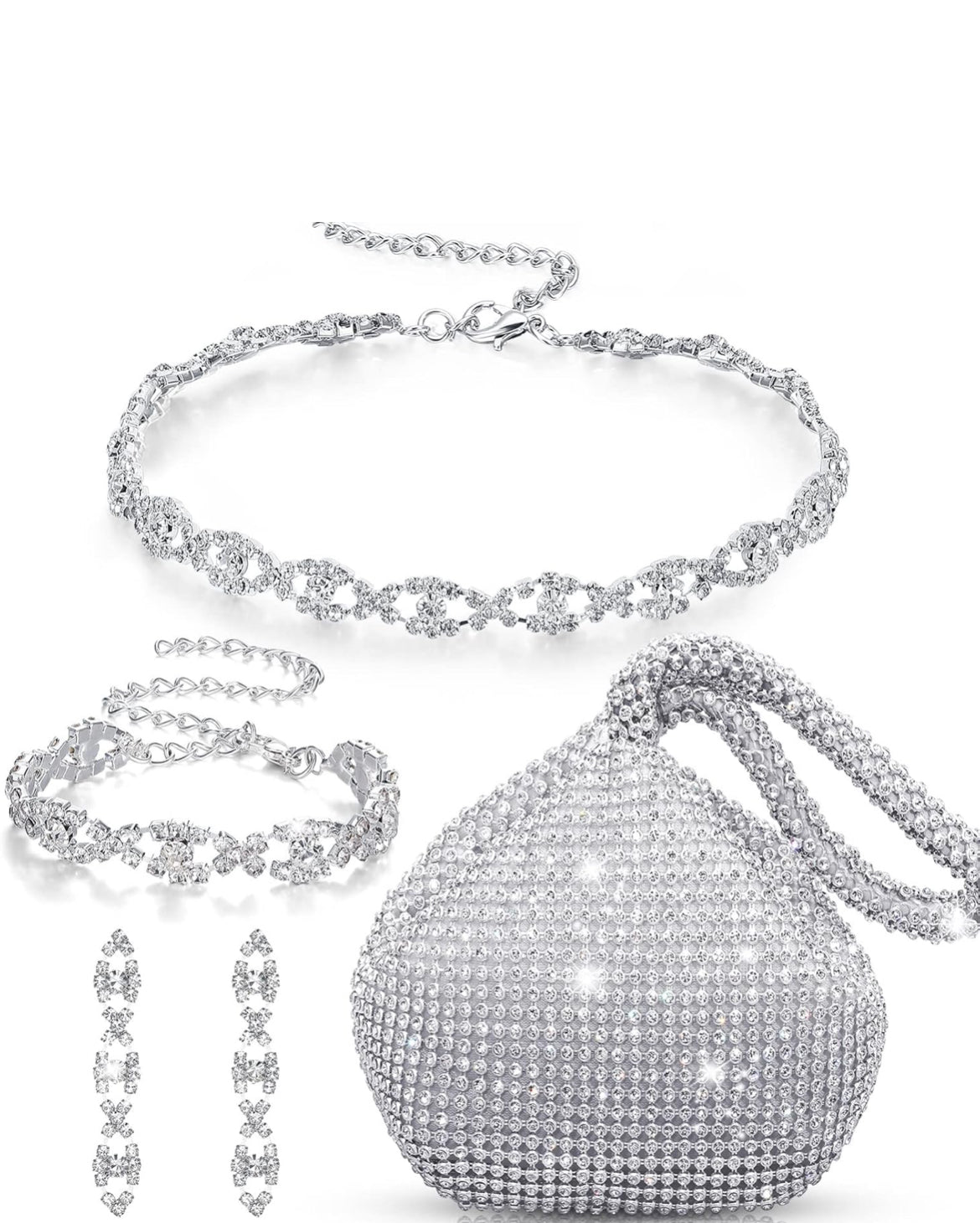 Elegante 4-stuk Rhinestone-ketting, Kraagarmband, Oorbelle, Koppelsakkie Juwelierswarestel Vroue Kristal Driehoek Bling Diamant Handsak Rhinestone-handsak vir Troupartytjie