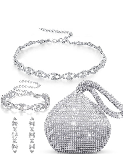 Elegante 4-stuk Rhinestone-ketting, Kraagarmband, Oorbelle, Koppelsakkie Juwelierswarestel Vroue Kristal Driehoek Bling Diamant Handsak Rhinestone-handsak vir Troupartytjie