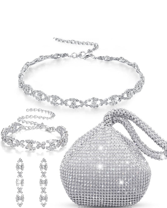 Elegante 4-stuk Rhinestone-ketting, Kraagarmband, Oorbelle, Koppelsakkie Juwelierswarestel Vroue Kristal Driehoek Bling Diamant Handsak Rhinestone-handsak vir Troupartytjie