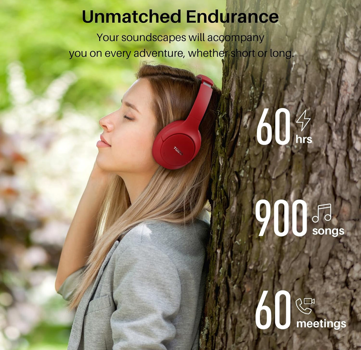 HT2 Hybrid Active Noise Cancelling Headphones, Wireless Over Ear Bluetooth Headset, 60H Playtime - Red