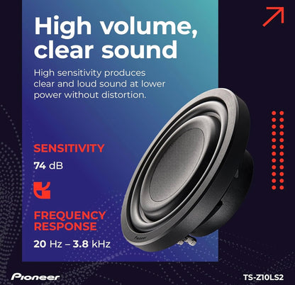 Pioneer TS-Z10LS2 10” Oormaat Subwoofer, Vlak Ontwerp, Maklike Installasie en Buigsame Pasvorm, 1300 Watt Spitsvermoë, Enkelluidspoel van 2 Ohm vir Diep, Verbeterde Basrespons