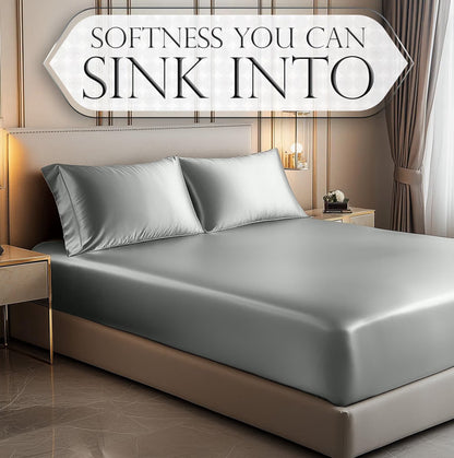 DECOLURE Satin Fitted Sheet Queen Size (1 PC) – Luxuriously Smooth & Softer Than Silk Bed Sheets w/ 15 Inch Deep Pocket Hypoallergenic Wrinkle Free, Secure Snug Fit, Elastic Corner Straps (Grey)
