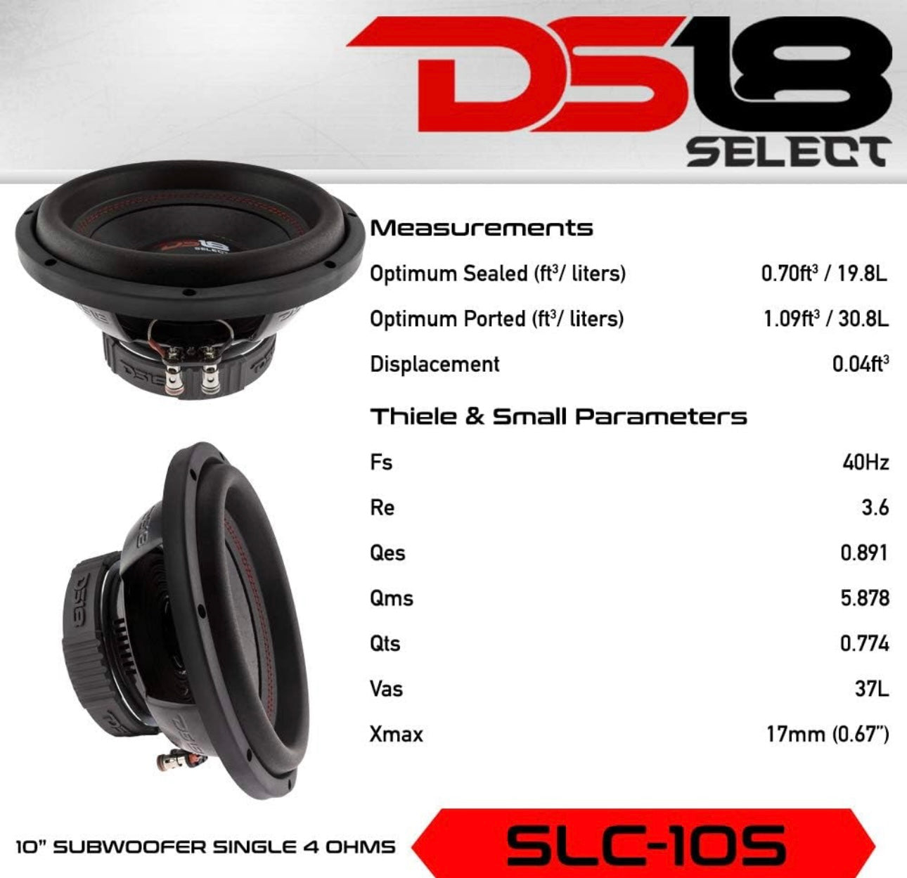 DS18 SLC10S Car Subwoofer Audio Speaker - 10" Single Voice Coil 4 Ohm Impedance, 440W MAX Power Sound System