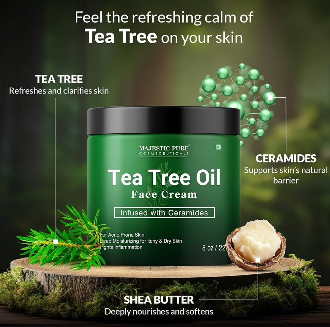 Suiwer Teeboomolie Gesigroom | Room vir Droë & Jeukerige Vel, Aknee, Littekens, Dag- & Nagbevogtiger Gesigroom vir Vroue & Mans - (240 ml)
