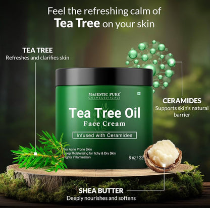 Suiwer Teeboomolie Gesigroom | Room vir Droë & Jeukerige Vel, Aknee, Littekens, Dag- & Nagbevogtiger Gesigroom vir Vroue & Mans - (240 ml)