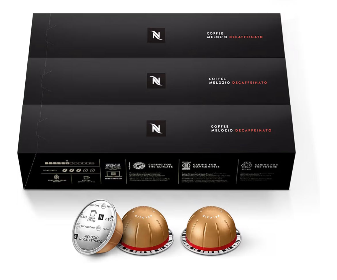 Nespresso Kapsules Vertuo, Melozio Decaffeinato, Medium-geroosterde Espresso - (30 Stuks) Koffiepads Lewer (7.8 oz.)
