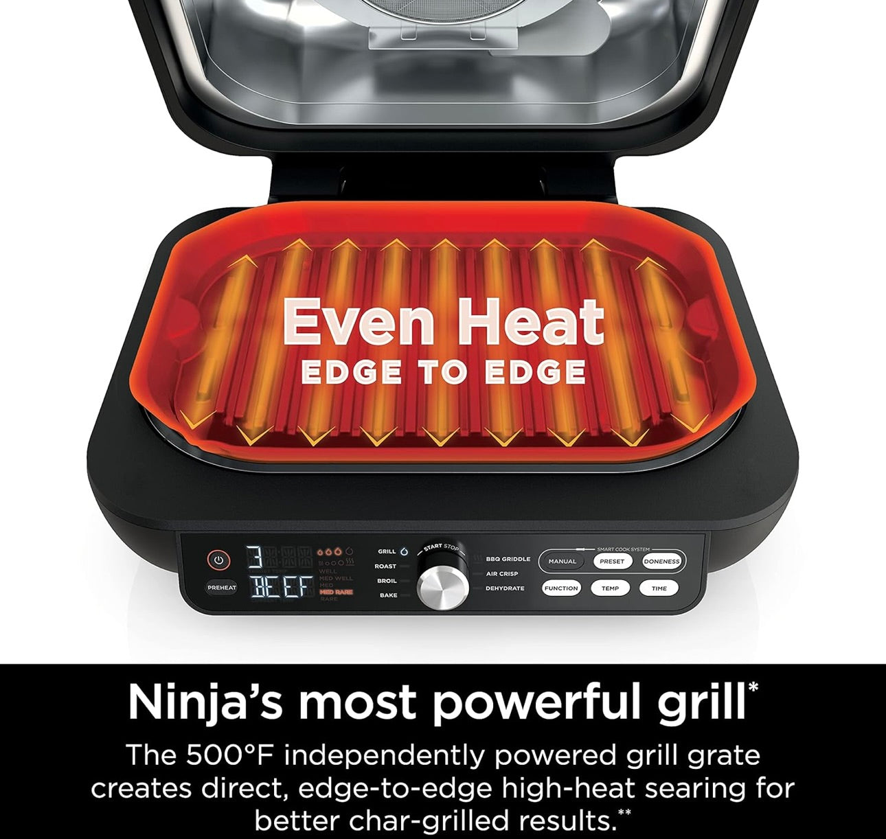 Ninja IG651 Foodi Smart XL Pro 7-in-1 Binnebraaier/Rooster Kombinasie, gebruik Oop of Toe, Lugbraai, Dehidreer en Meer, Pro Power-rooster, Plat Bo, Crisper, Slim Termometer, Swart