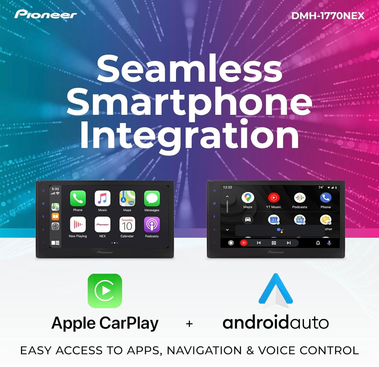 Pioneer DMH-1770NEX Dubbel-DIN Digitale Multimedia-ontvanger, Bedrade Apple CarPlay en Android Auto, 6.8”-Kapasitiewe Raakskerm