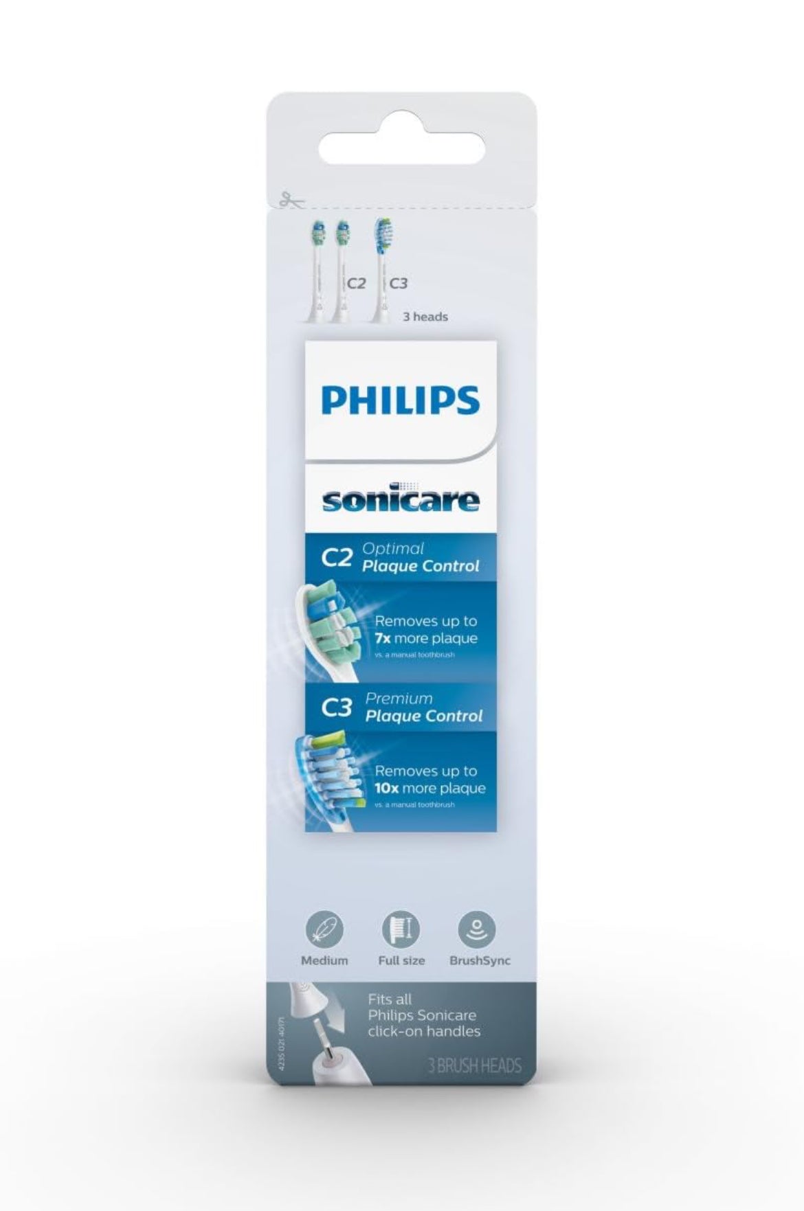 Philips Sonicare Oorspronklike Tandeborselkop Verskeidenheidspak, C3 Premium Plaque Control en C2 Optimal Control, 3 Borselkoppe, Wit, HX9023/69