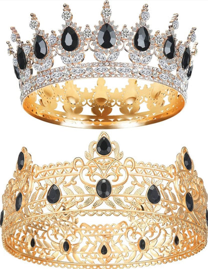 2 Stuks Prom Koning en Koningin Krone vir Mans Vroue Koning Koningin Krone Tiara met Strass vir Trou Verjaarsdag Grad (Swart Goud, Swart Styl)