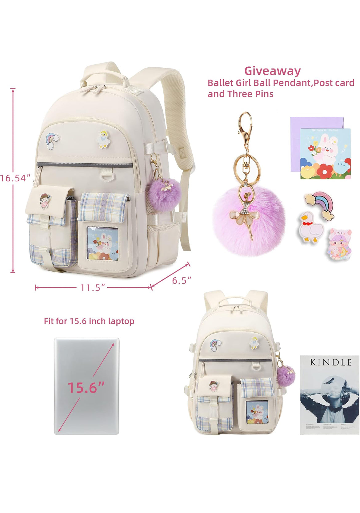 Backpack for Girls, 15.6 Inch Laptop School Bag Kids Kindergarten Elementary College Backpacks Large Bookbags for Teen Girl Women Students Casual Travel Daypacks (Beige)