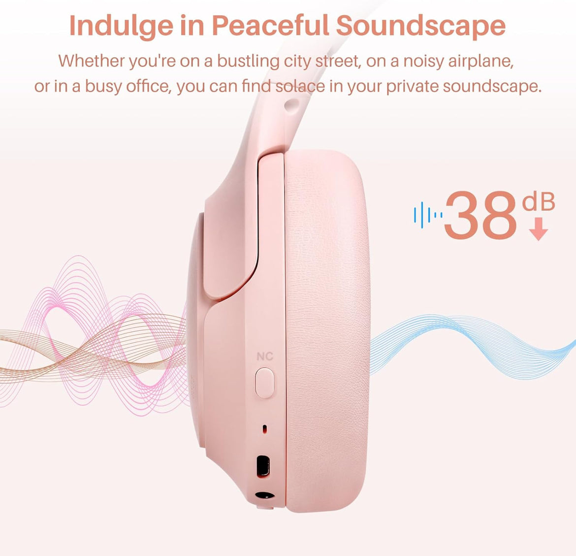 Hybrid Active Noise Cancelling Headphones, Wireless Over Ear Bluetooth, 40H Playtime, Hi-Res Audio Custom EQ, Comfort Fit Ear Cups (Pink)