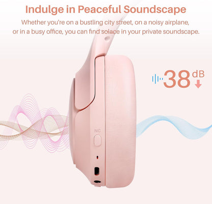 Hybrid Active Noise Cancelling Headphones, Wireless Over Ear Bluetooth, 40H Playtime, Hi-Res Audio Custom EQ, Comfort Fit Ear Cups (Pink)