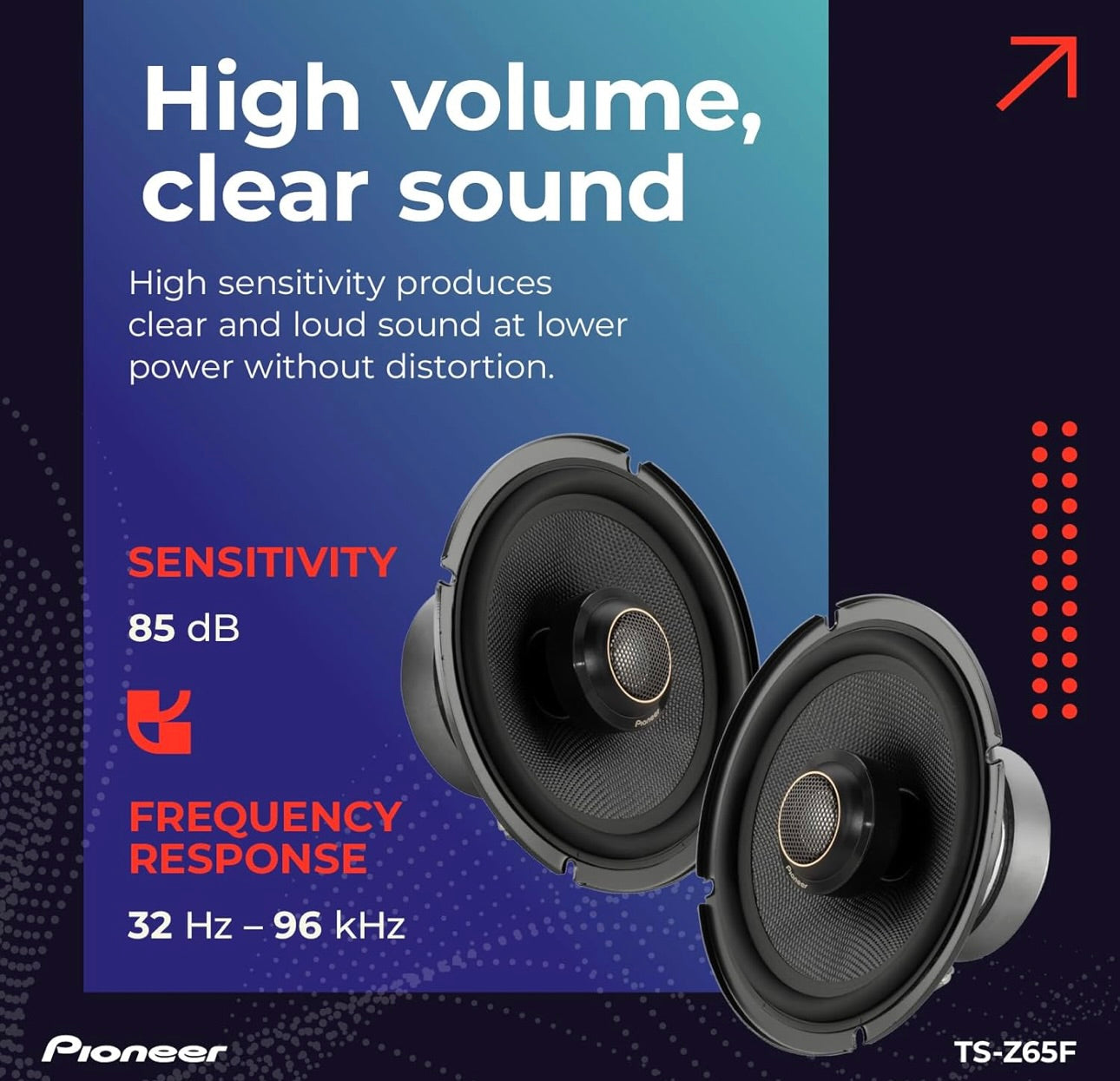 Pioneer TS-Z65F, 2-rigting koaksiale motoroudio luidsprekers, volle reeks, oop en gladde klankgehalte, maklike installasie en verbeterde bassreaksie, swart 6.5” ronde luidsprekers