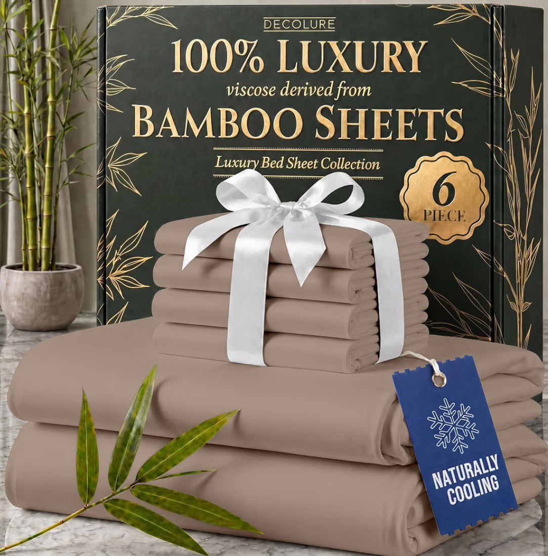 DECOLURE 100% Viscose Derived from Bamboo Sheets King Size - Luxury 6 Pc Naturally Cooling Sheets, Ultra Soft Bed Set - Deep 17" Pockets, Durable Double Stitching, Oeko Tex Standard (Taupe)