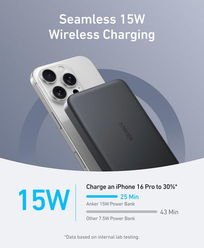 Anker MagGo Power Bank, Ultra Slim 10000mAh Magnetiese Batterypak, Qi2 Gesertifiseer - SWART