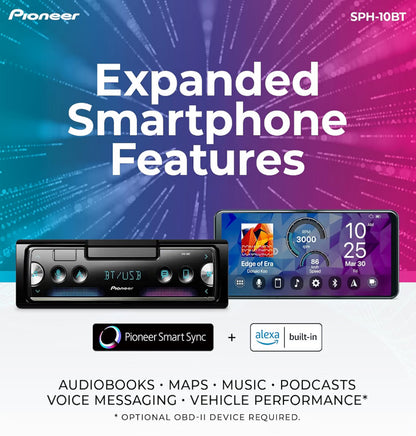 Pioneer SPH-10BT 1-Din Smart Sync Car Stereo with Bluetooth
Smart Sync Receiver, Phone Mount, Color Change, USB, 50W x 4 Output, 13-Band EQ, AM/FM, Front/Rear/SW Selectable RCA Preout