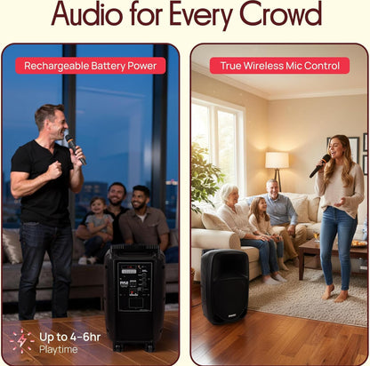 1000W Draagbare Bluetooth PA Luidspreker, 10'' Subwoofer, UHF Koordlose Mikrofoon, MP3/USB/SD, Herlaaibare Battery, LED Batteryaanwyserligte