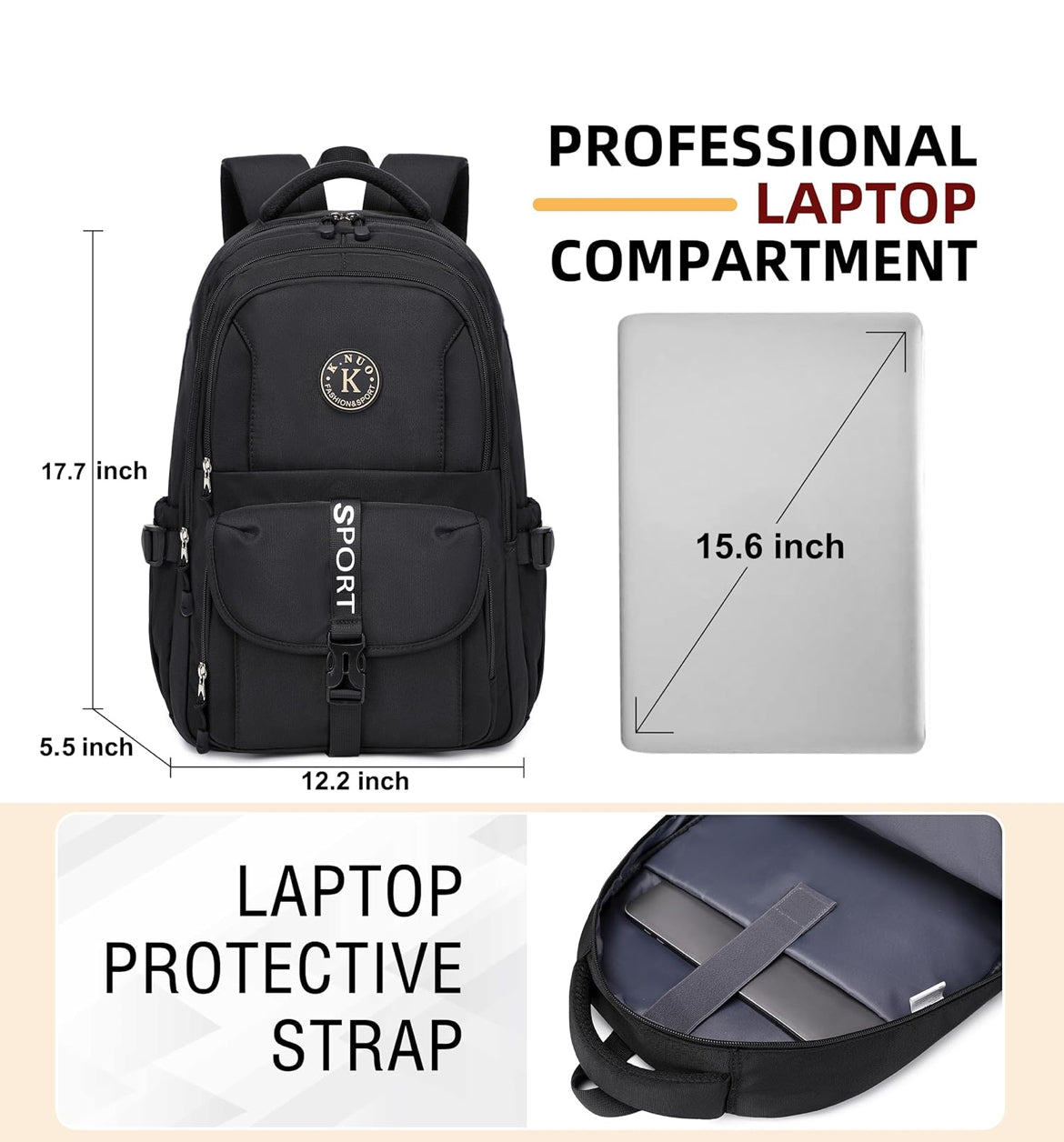College Backpack, Travel Laptop Backpacks, Large Kids School Bag for Teens Girls Boys Students Bookbag Fit for 15.6 Inch Computer Waterproof Business Work Back Pack for Women Men Daypack Black