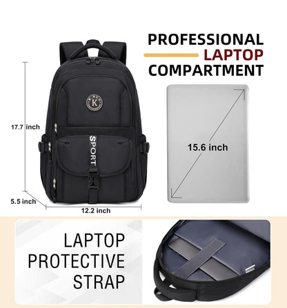 College Backpack, Travel Laptop Backpacks, Large Kids School Bag for Teens Girls Boys Students Bookbag Fit for 15.6 Inch Computer Waterproof Business Work Back Pack for Women Men Daypack Black