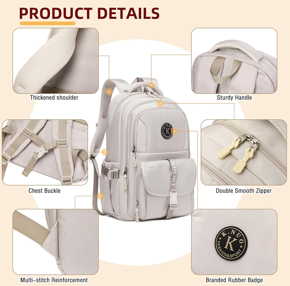 College Backpack, Travel Laptop Backpacks, Large Kids School Bag for Teens Girls Boys Students Bookbag Fit for 15.6 Inch Computer Waterproof Business Work Back Pack for Women Men Daypack Beige