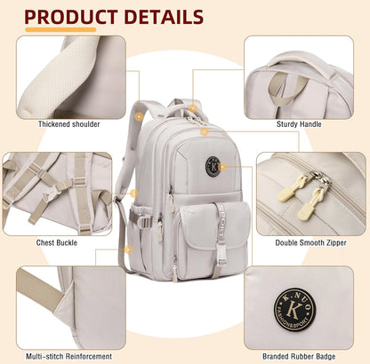 College Backpack, Travel Laptop Backpacks, Large Kids School Bag for Teens Girls Boys Students Bookbag Fit for 15.6 Inch Computer Waterproof Business Work Back Pack for Women Men Daypack Beige