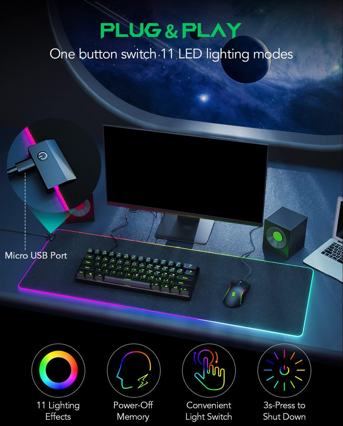 Black Shark RGB 35.4"x15.75"x0.15" Extended Desk Mat with Smooth Surface Manta P7