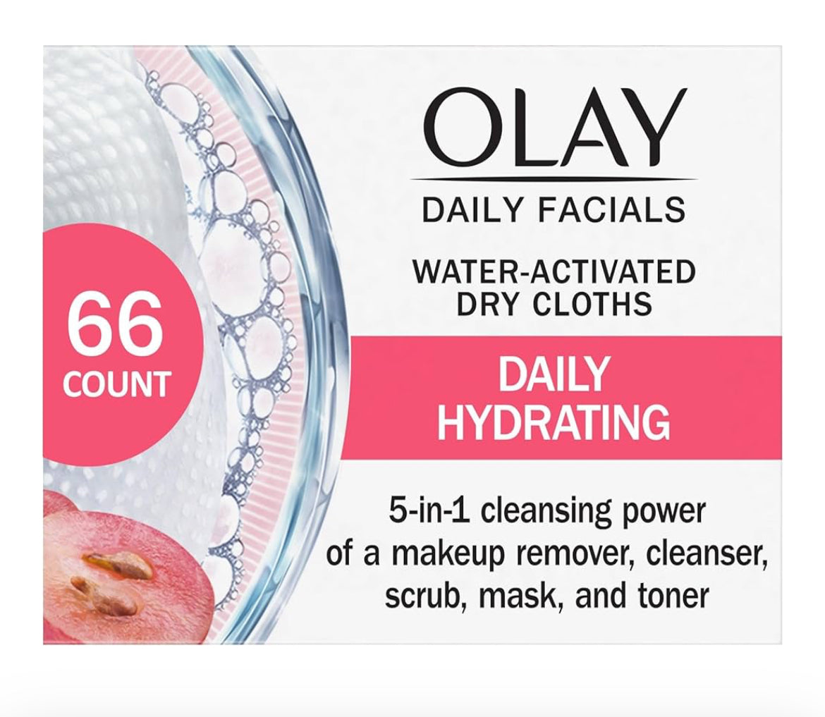 Olay Daily Facials Grimeerverwyderende Gesigsreinigingsdoekies, 5-in-1 Watergeaktiveerde Lappies, Eksfolieer, Toon en Hidreer Vel (66 tellings)