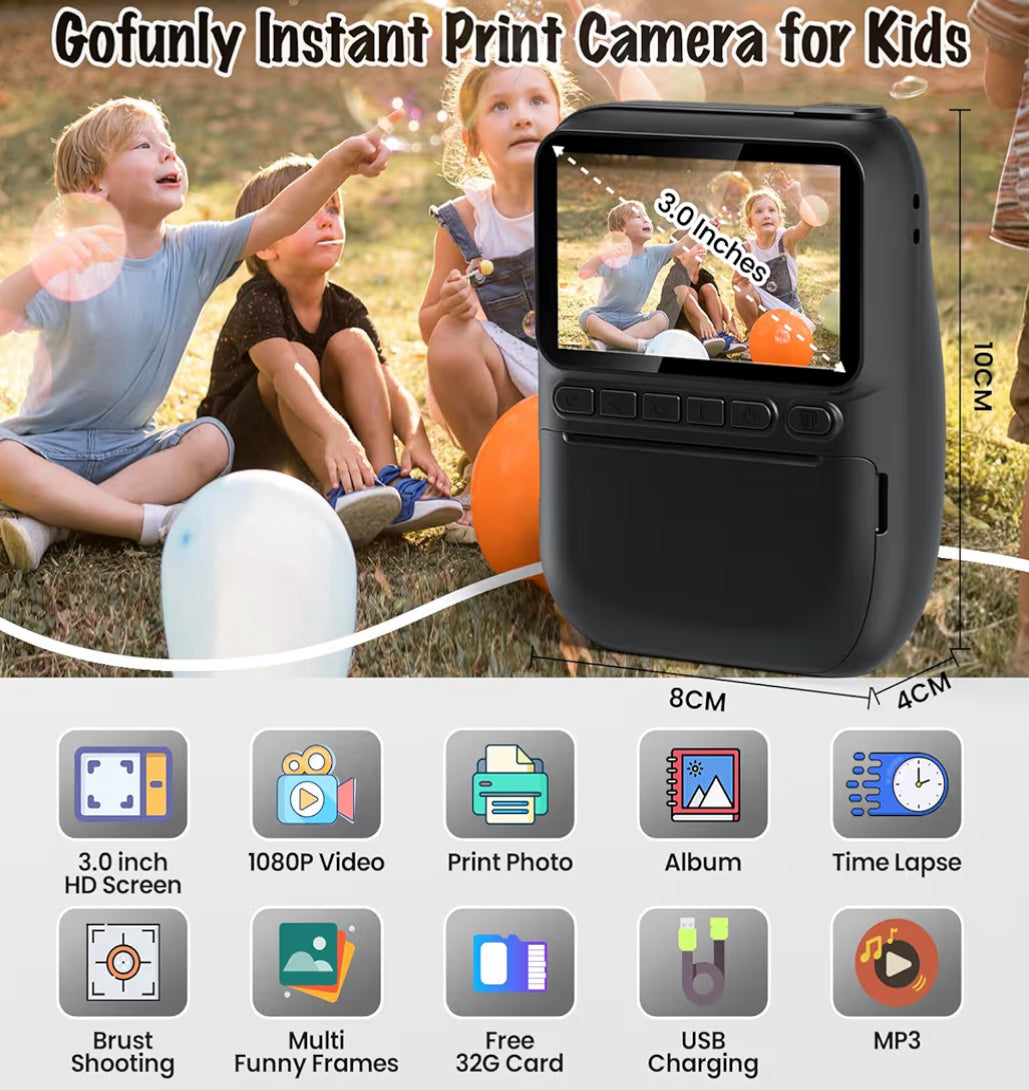 Kits Druk Kamera 3.0" HD 32MP Kinders 1080P met 3 Rolle Drukkerpapier 32GB SD Kaart (Swart)
