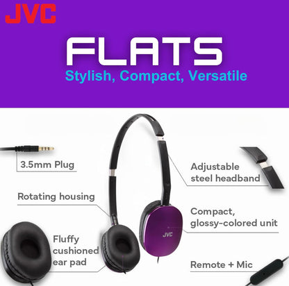 JVC Flats Oorfoon-koptelefoon met koord - Plat Opvoubare Ontwerp - 30mm Drywer vir Kragtige Klank - Sagte Oorkussings vir Gemak – Staal Kopband - Liggewig & Draagbaar - Rekenaar/Skootrekenaar/Speletjies - 3.5mm Slanke Prop