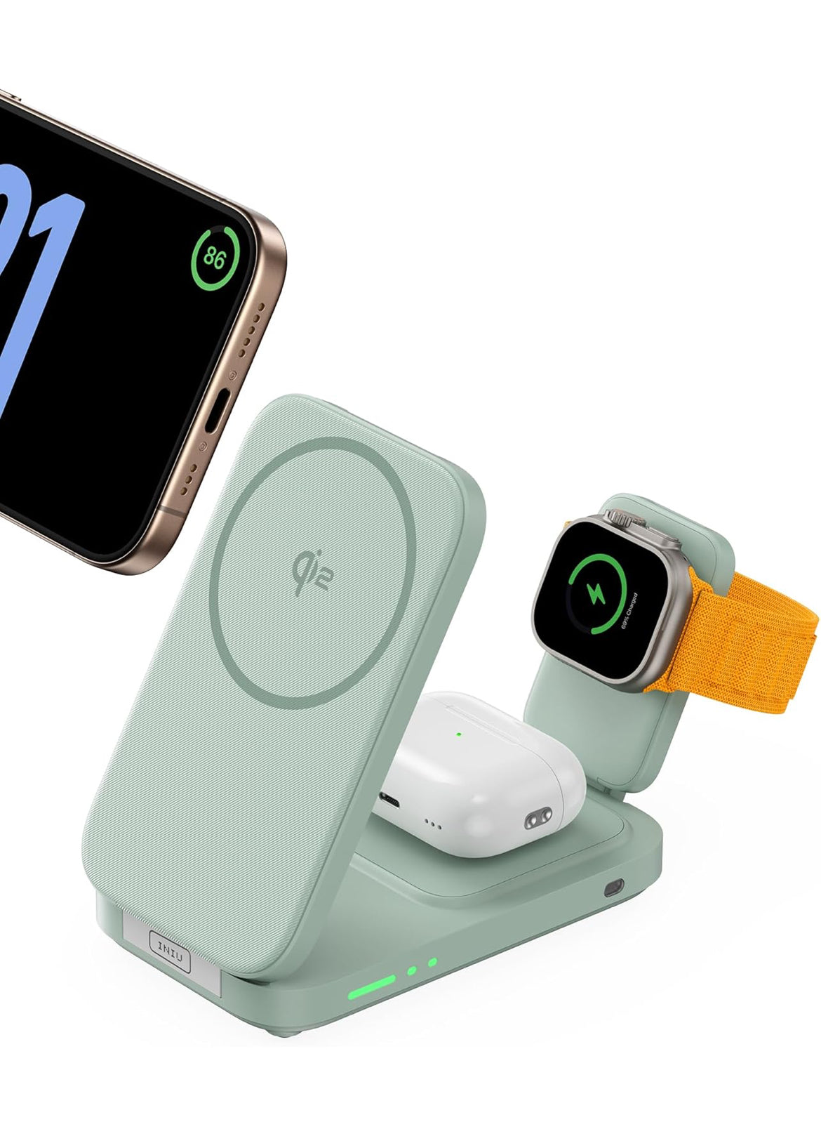 INIU 3 in 1 Wireless Charging Station, Qi2 Certified Magnetic Travel Charger for Apple Multiple Devices, Foldable Charger Stand for Apple iPhone 16 15 14 13 12 Series Watch AirPods (Green)