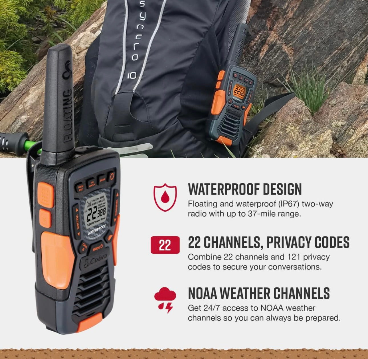 Cobra ACXT1035R FLT Drywende Walkie Talkies - Waterdig, Herlaaibaar, Lang Reeksafstand tot 37 Myl Twee-rigting Radio met NOAA Weerwaarskuwing & VOX, (2 Pak)