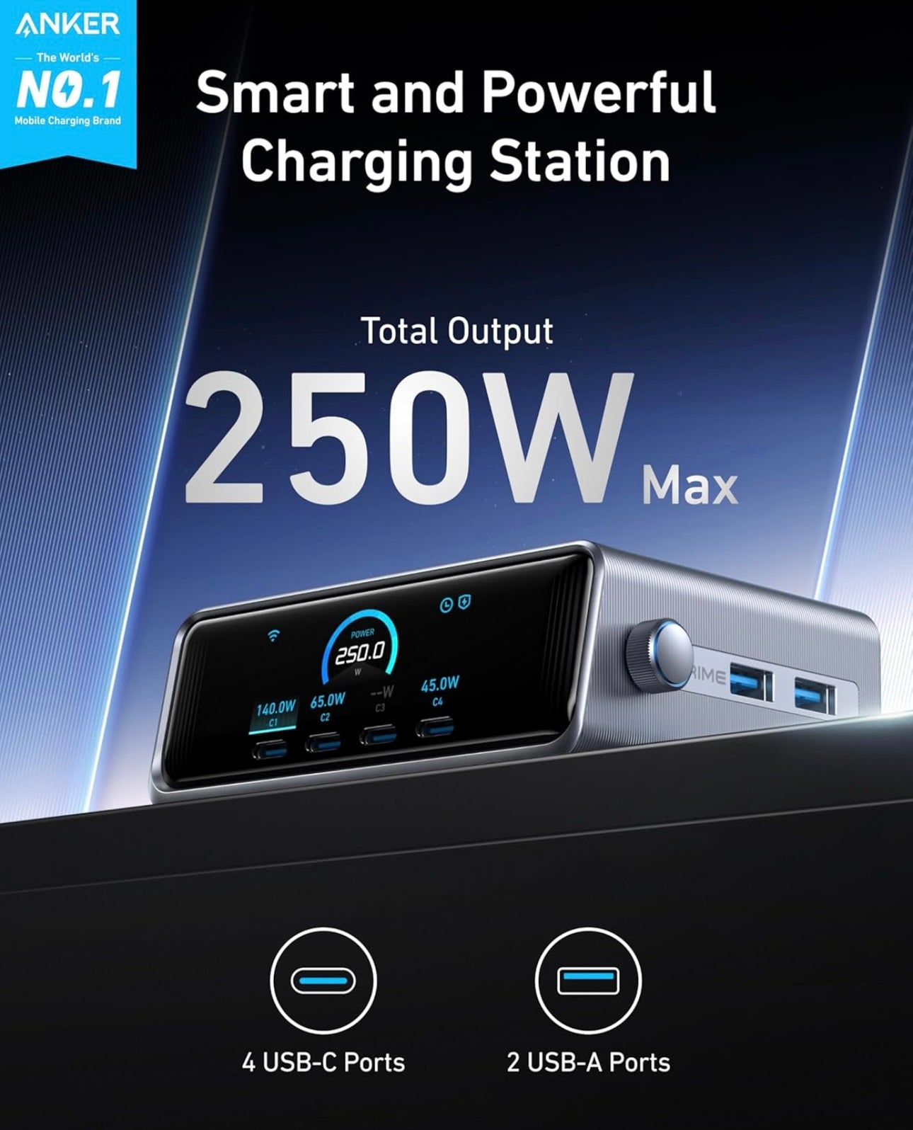 Anker Charger, 250W Prime USB C Charging Station, Ultra-Fast 6-Port, 2.26" LCD Display - (Silver)