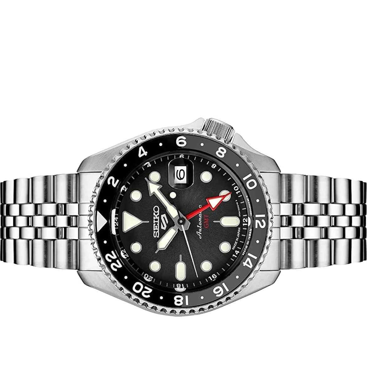 SEIKO Outomatiese Horlosie vir Mans - 5 -Sport - Swart Wysplaat met Datumkalender en Liggloeiende Wysers en Merkers en Swart & Grys GMT Ring, 100m Waterbestand