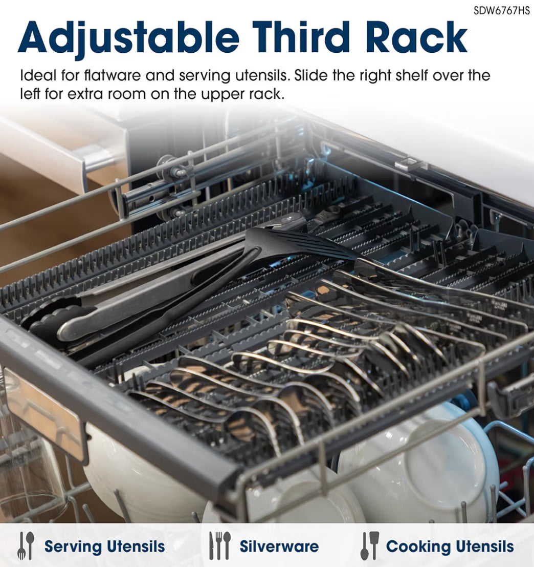 SHARP SDW6767HS Smart Dishwasher Works with Alexa. Includes LED Interior lights, Stainless Steel interior, Heated Dry with Fan Assist, Wash Zone cleans half load on either rack, Adjustable Third Rack