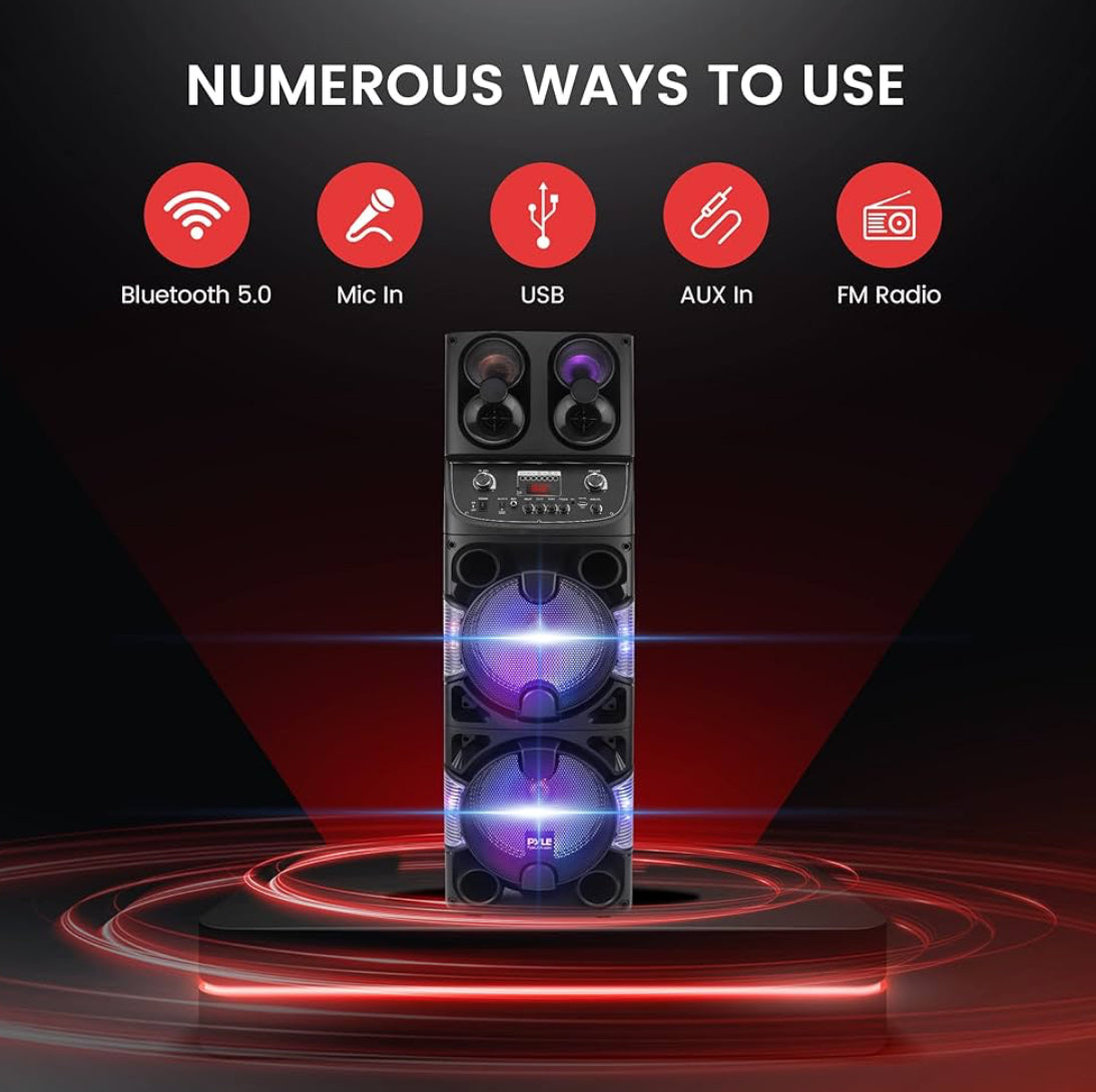 Portable Bluetooth 600W Dual 10” Rechargeable Indoor/Outdoor BT Karaoke Audio System -LED Display, FM/AUX/MP3/USB/SD, 1/4" in, Handle, Wheels -Wireless Mic, Remote Control
