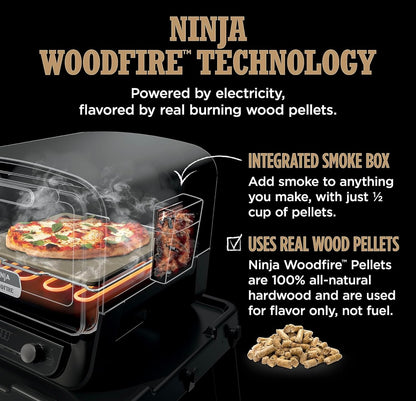 Ninja Woodfire Buite Pizza-oond, 8-in-1 Draagbare Elektriese Braai-oond, Verhit tot 370°C, 5 Vakman Pizza-instellings, Geïntegreerde Braairookkas, Sluit Gegeurde Houtpille in, Terracotta Rooi