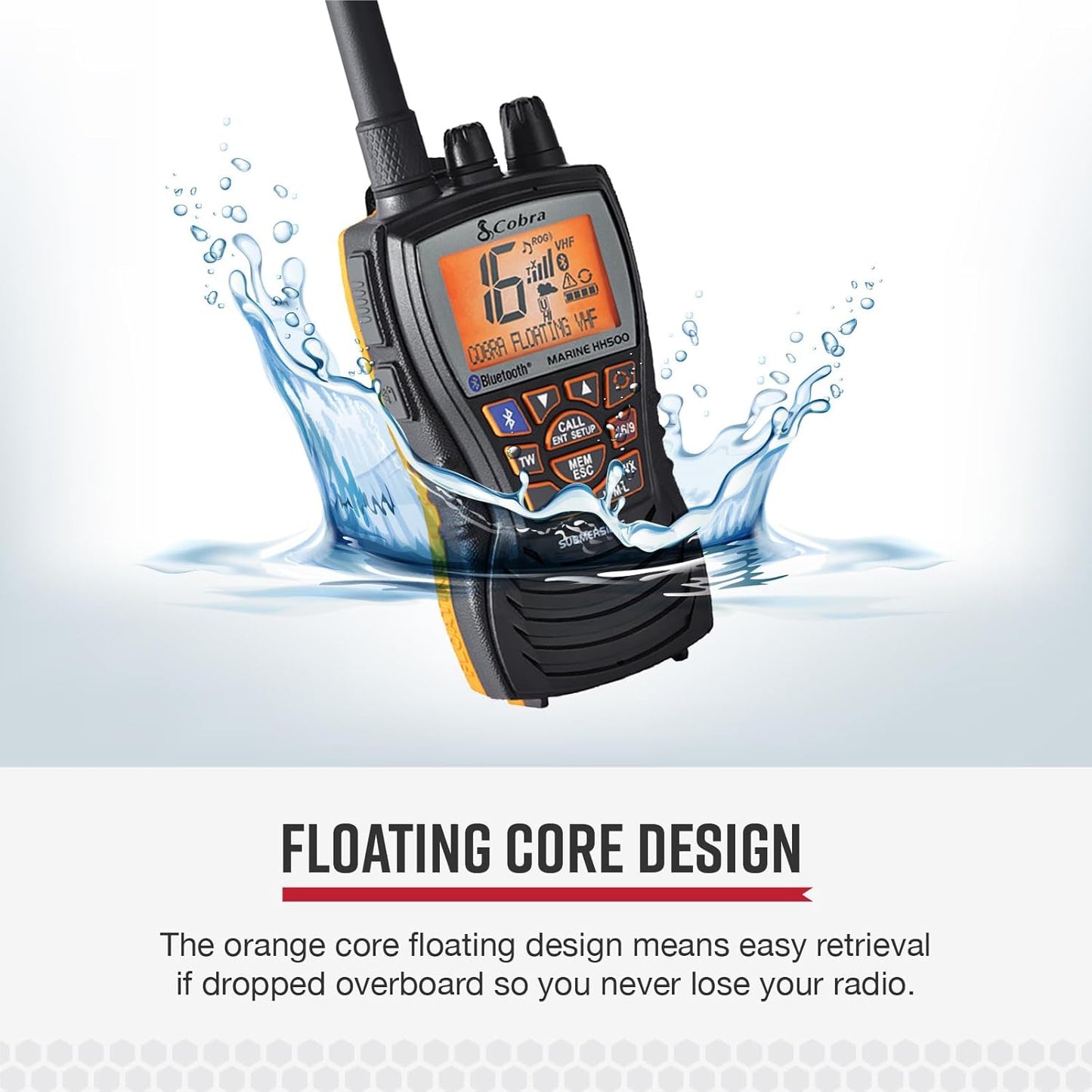 Cobra MR HH500 FLT BT Handheld Drywende VHF Radio – 6 Watt, Bluetooth, Onderdompelbaar, Geraasdempende Mik, Agtergrondverligte LCD-skerm, Drywende en Waterdigte Ontwerp (IP67-gradering), Geheueskandering, Swart