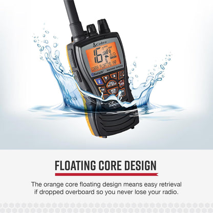 Cobra MR HH500 FLT BT Handheld Drywende VHF Radio – 6 Watt, Bluetooth, Onderdompelbaar, Geraasdempende Mik, Agtergrondverligte LCD-skerm, Drywende en Waterdigte Ontwerp (IP67-gradering), Geheueskandering, Swart