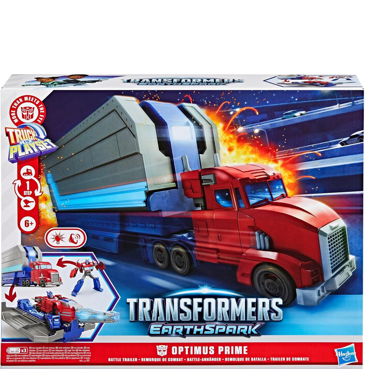 TRANSFORMERS EarthSpark Optimus Prime Battle Trailer Playset with Action Figure, Lights and Sounds, Electronic Truck Toys for Kids 6 and Up