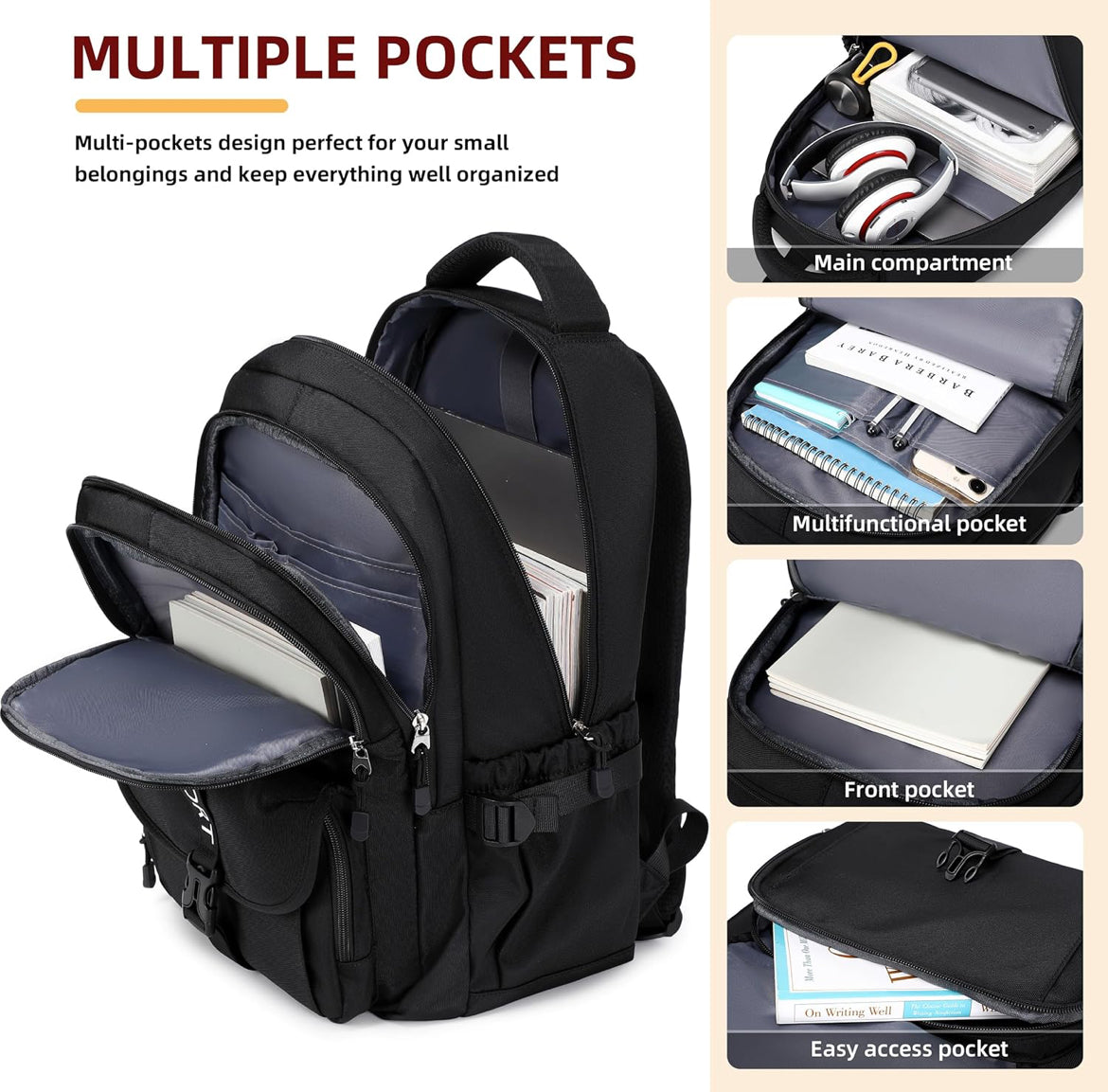 College Backpack, Travel Laptop Backpacks, Large Kids School Bag for Teens Girls Boys Students Bookbag Fit for 15.6 Inch Computer Waterproof Business Work Back Pack for Women Men Daypack Black