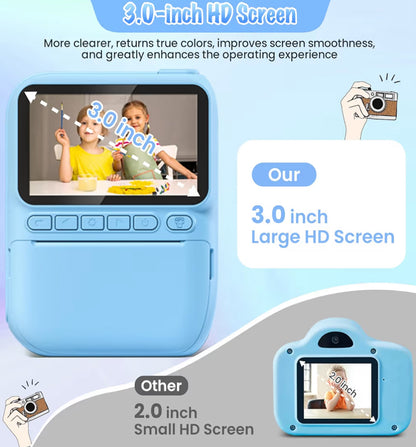 Kitsdruk-kamera 3.0" HD 32MP Kinders 1080P met 3 Rolletjies Drukkerpapier 32GB SD Kaart (Blou)