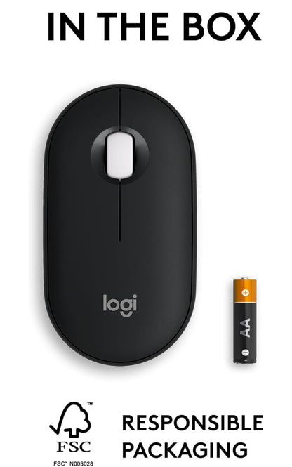 Logitech Pebble Muis 2 M350s Slank Bluetooth Draadlose Muis, Draagbaar, Liggewig, Aanpasbare Knoppie, Stil Kliek, Maklike Wisseling vir Windows, macOS, iPadOS, Android, Chrome OS - Swart