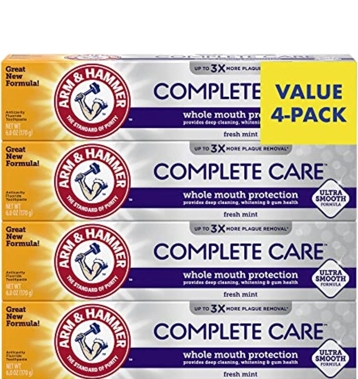 ARM & HAMMER Complete Care Toothpaste,Teeth Whitening w/ Baking Soda - Fluoride Fresh Mint Flavor (Pack of 4)