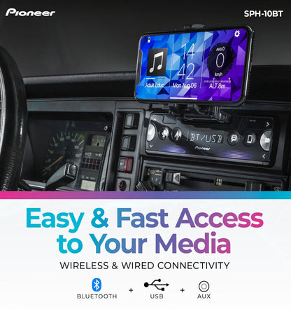 Pioneer SPH-10BT 1-Din Smart Sync Car Stereo with Bluetooth
Smart Sync Receiver, Phone Mount, Color Change, USB, 50W x 4 Output, 13-Band EQ, AM/FM, Front/Rear/SW Selectable RCA Preout
