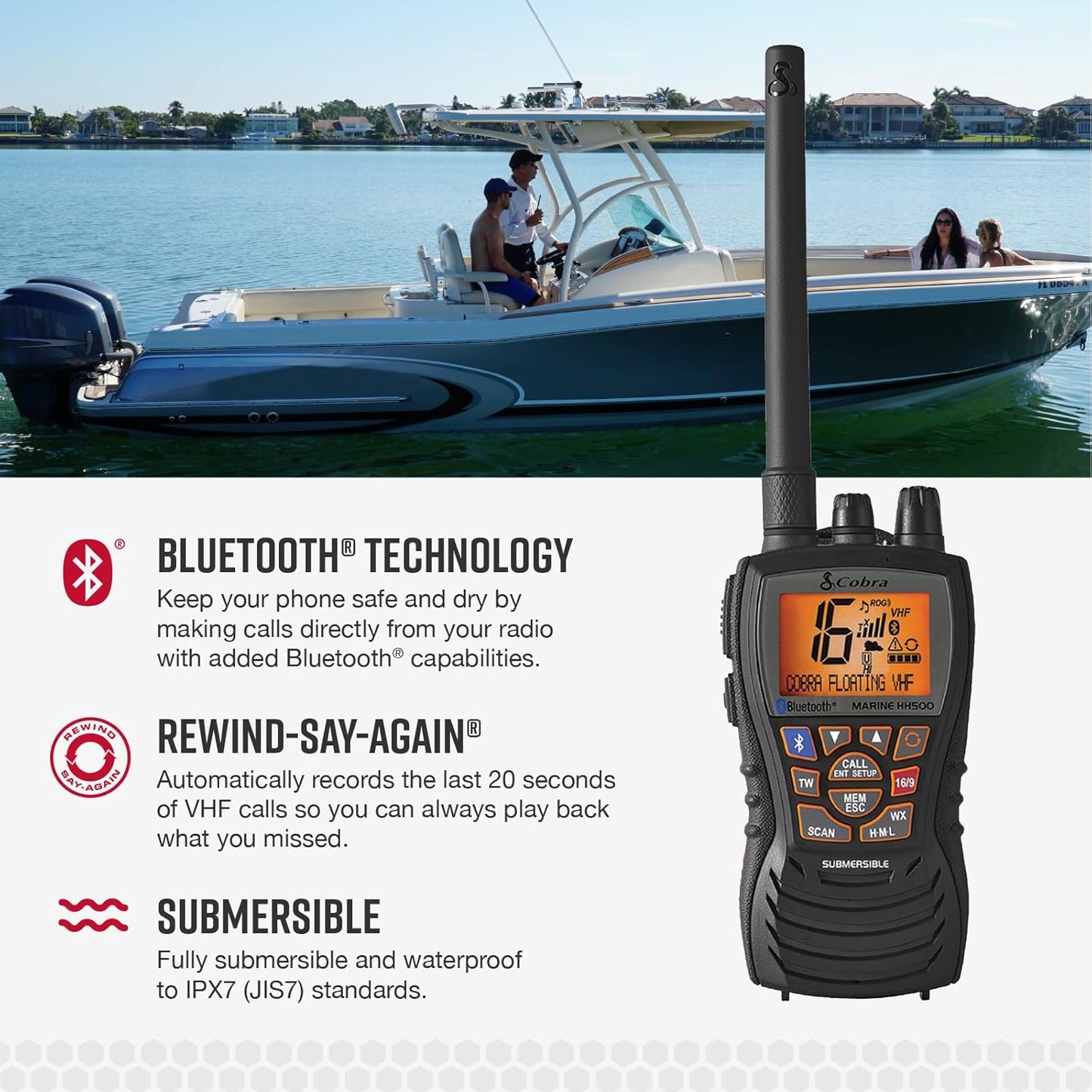 Cobra MR HH500 FLT BT Handheld Drywende VHF Radio – 6 Watt, Bluetooth, Onderdompelbaar, Geraasdempende Mik, Agtergrondverligte LCD-skerm, Drywende en Waterdigte Ontwerp (IP67-gradering), Geheueskandering, Swart